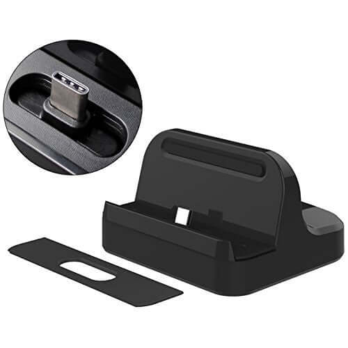 Type-C dock for cell phones with fast charging and sync capabilities, includes USB-C to USB-A cable, black design.