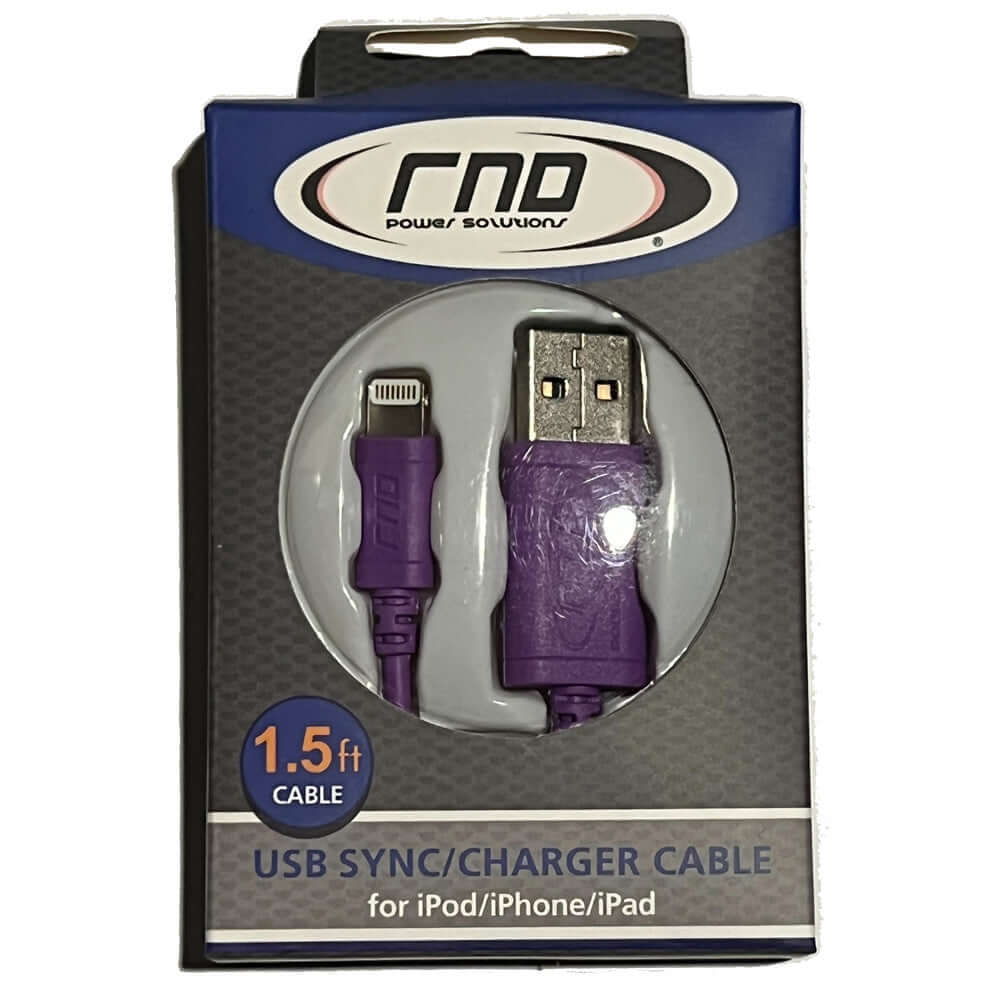 RND Power Solutions 1.5 ft purple lightning to USB sync and charger cable for iPod, iPhone, and iPad in packaging