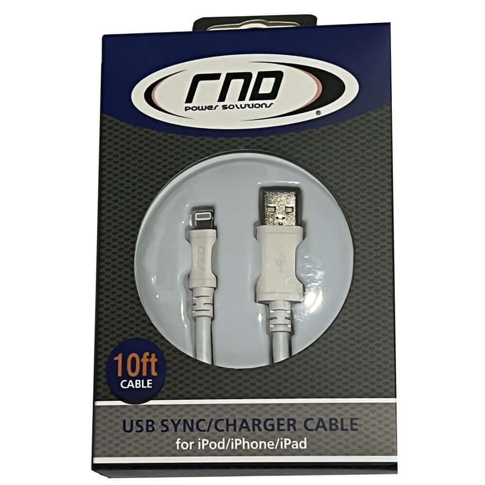 RND Power Solutions 10ft USB Lightning Cable for iPod, iPhone, iPad in packaging, certified for Apple devices charging and syncing.