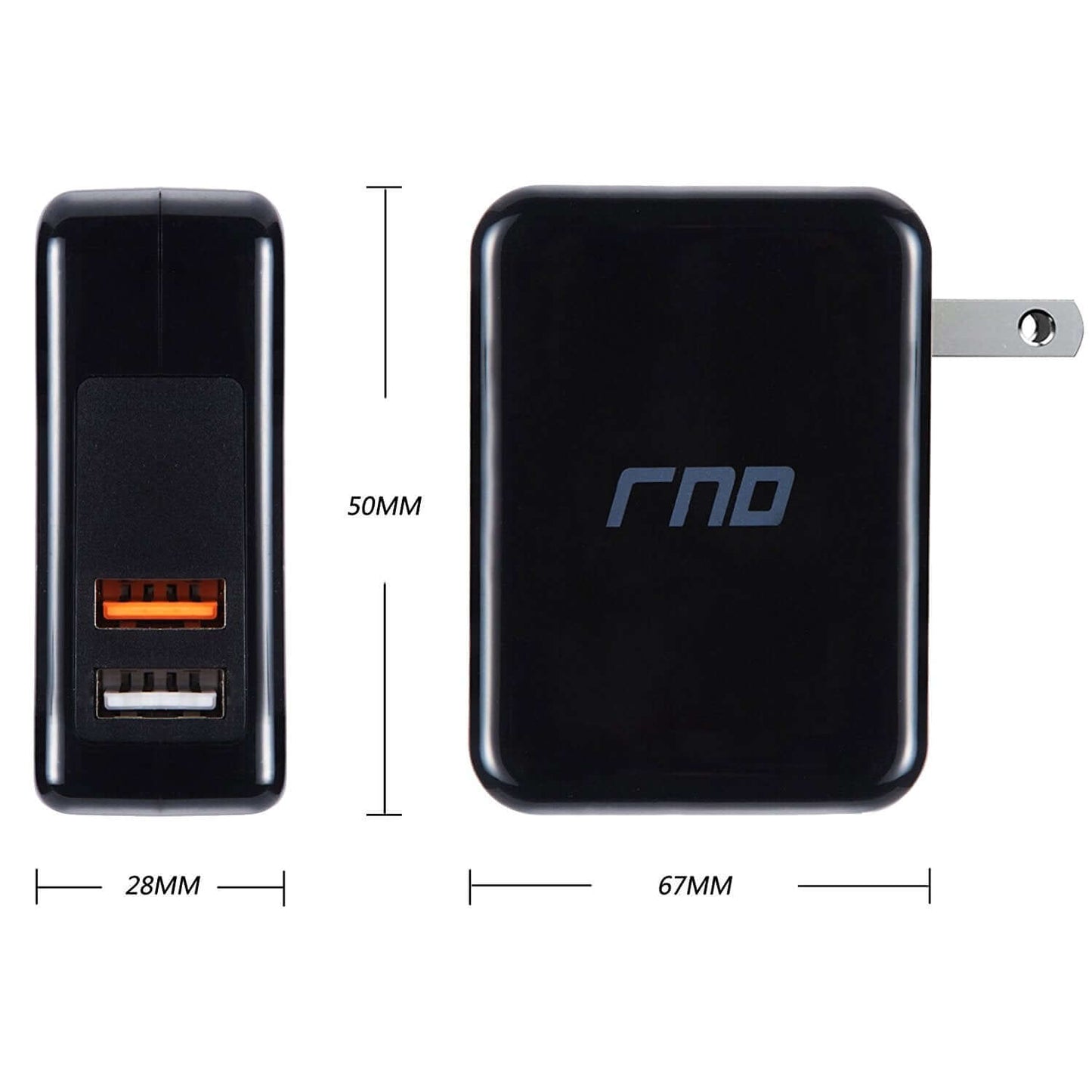 RND Power Solutions QC 3.0 compatible USB AC charger with dimensions, featuring one USB port, black color, side and front view.