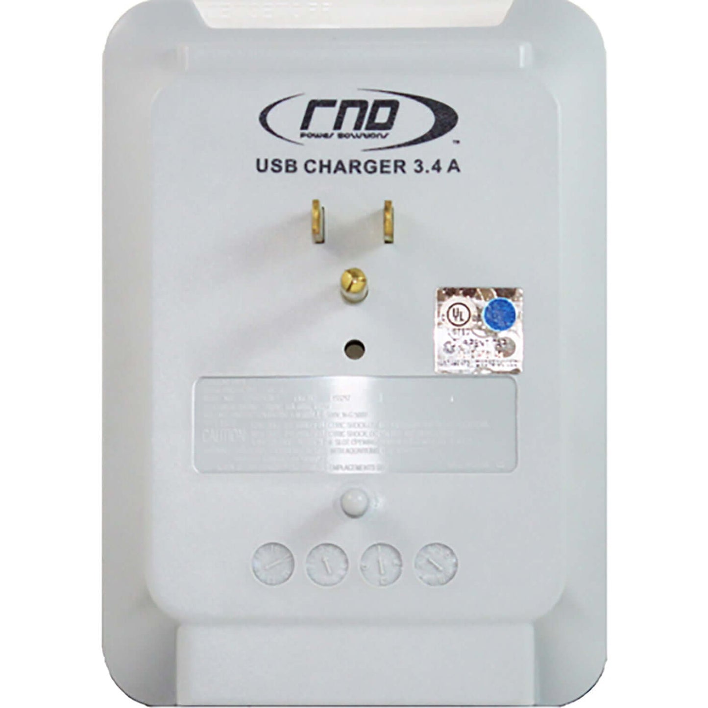 RND Power Solutions 3.4A USB charger with 3 outlets and 2 USB ports for iPhones, iPads, smartphones, tablets, and USB devices.