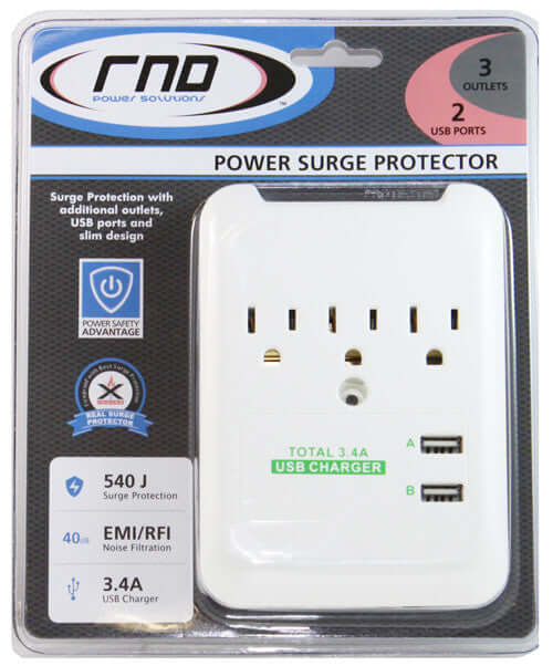 RND Power Solutions 3.4A power surge protector with 3 outlets and 2 USB ports for charging multiple devices like iPhones and tablets.