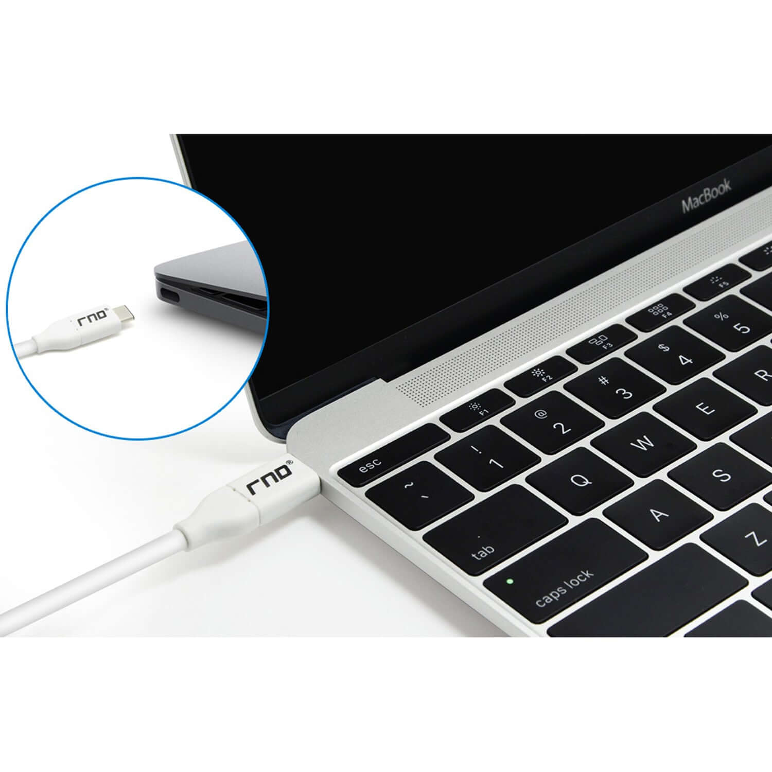RND USB-C to USB-C cable connected to a laptop, showcasing the reversible Type-C connector for fast data and power transfer.