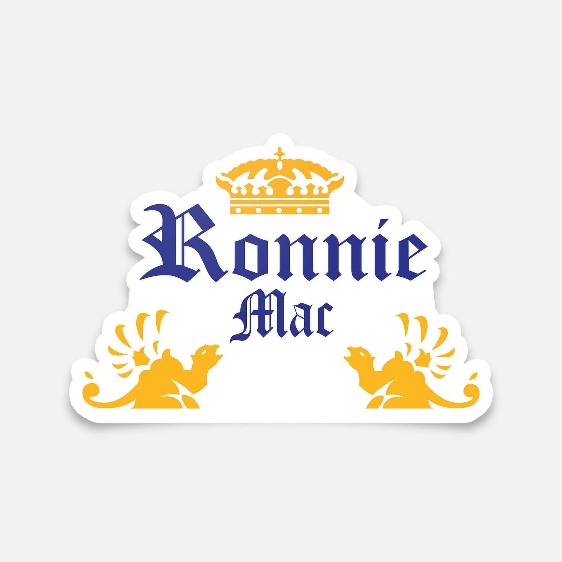 Ronnie Mac Crown Drink Sticker with golden crown design and text in bold font, ideal for windows, laptops, and more surfaces.