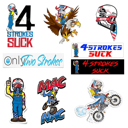 Ronnie Mac Character 9 Sticker Pack featuring dirt bike stickers, 4-strokes suck, eagle ride, and iconic Ronnie Mac moments.
