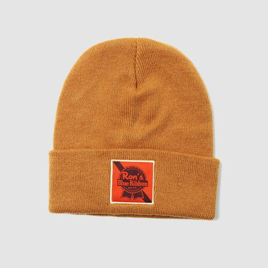 Ron's Blue Ribbon Beer brown beanie with logo, ideal for motocross enthusiasts, made from durable materials.