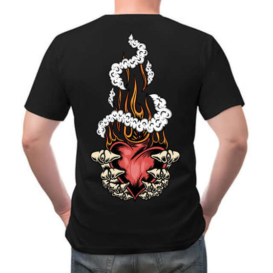 Black T-shirt with skeleton holding a flaming heart and smoke design on the back.