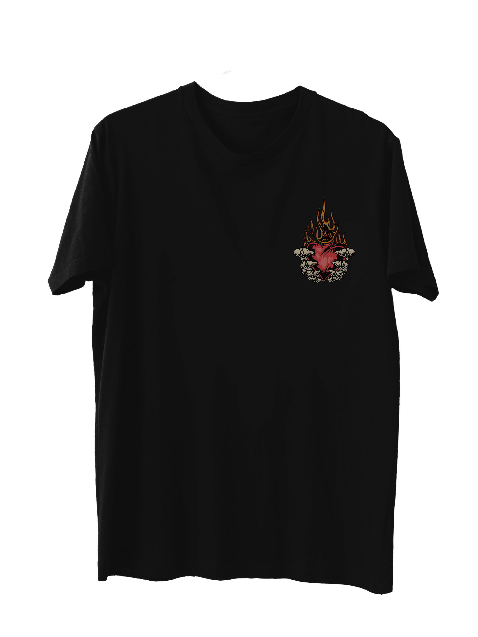 Black t-shirt featuring a skeleton holding a flaming heart design; edgy style with short sleeves, perfect for versatile wear.