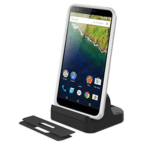 Type-C dock charging a phone with detachable adapter, compatible with Quick Charge 2.0 and 3.0 for fast charging and syncing.