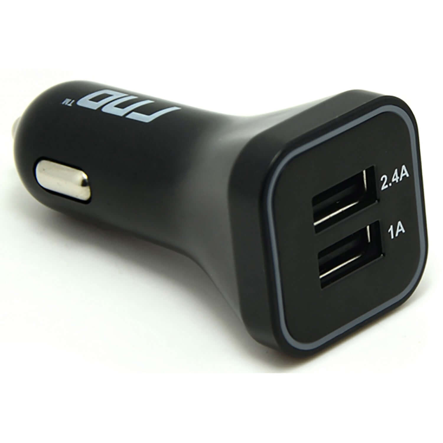 Black RND Power Solutions dual USB car charger with 3.4A output for fast charging in car cigarette-lighter outlet.