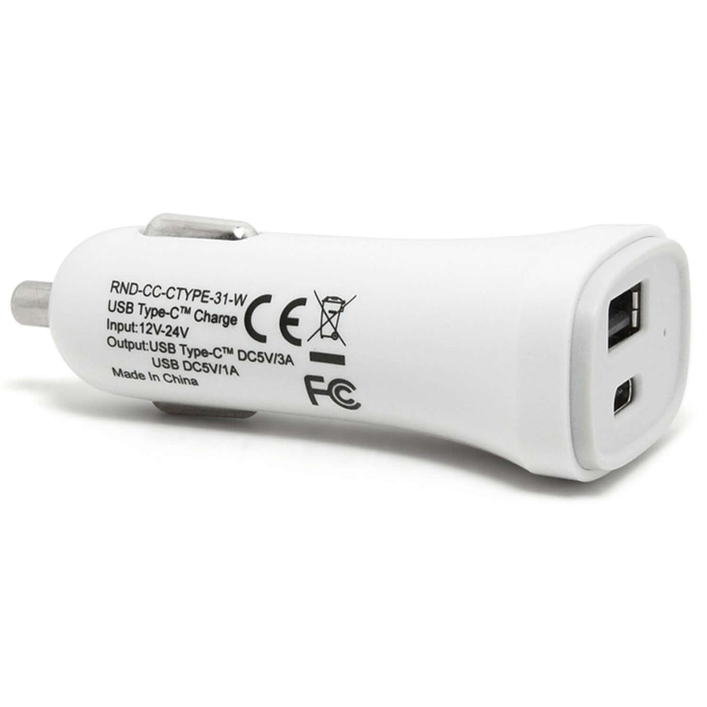 Dual port USB-C car charger with safety features for over-current and short-circuit protection, perfect for charging devices on the go.