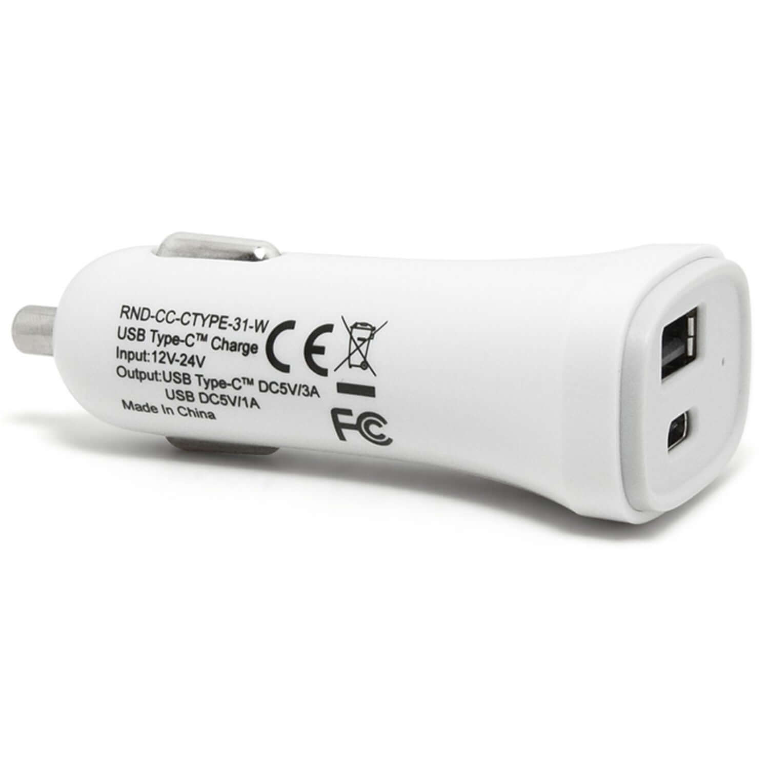 Dual port USB-C car charger with safety features for over-current and short-circuit protection, perfect for charging devices on the go.